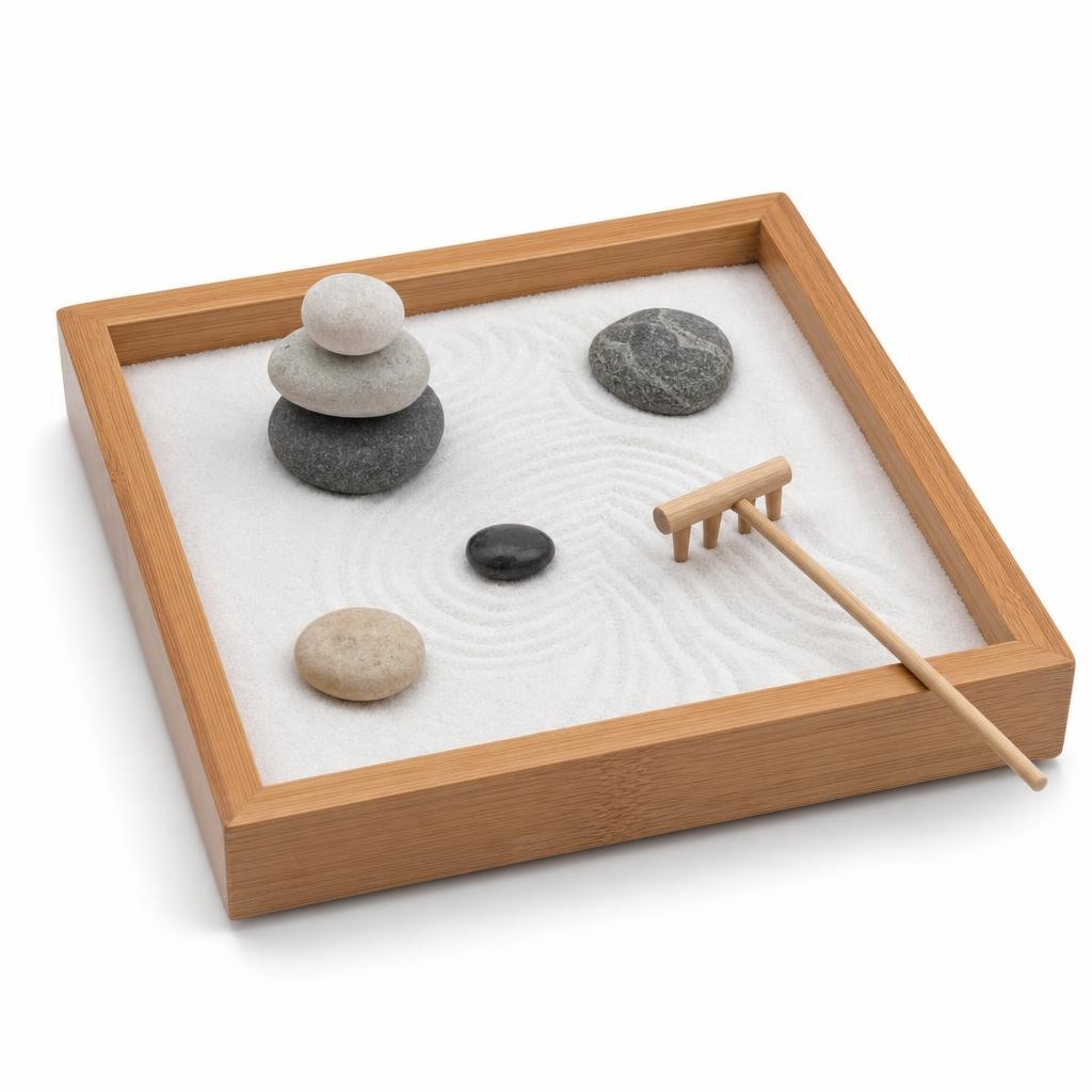 Jardin Zen Miniature avec Sable Blanc, Pierres et Râteau en Bambou