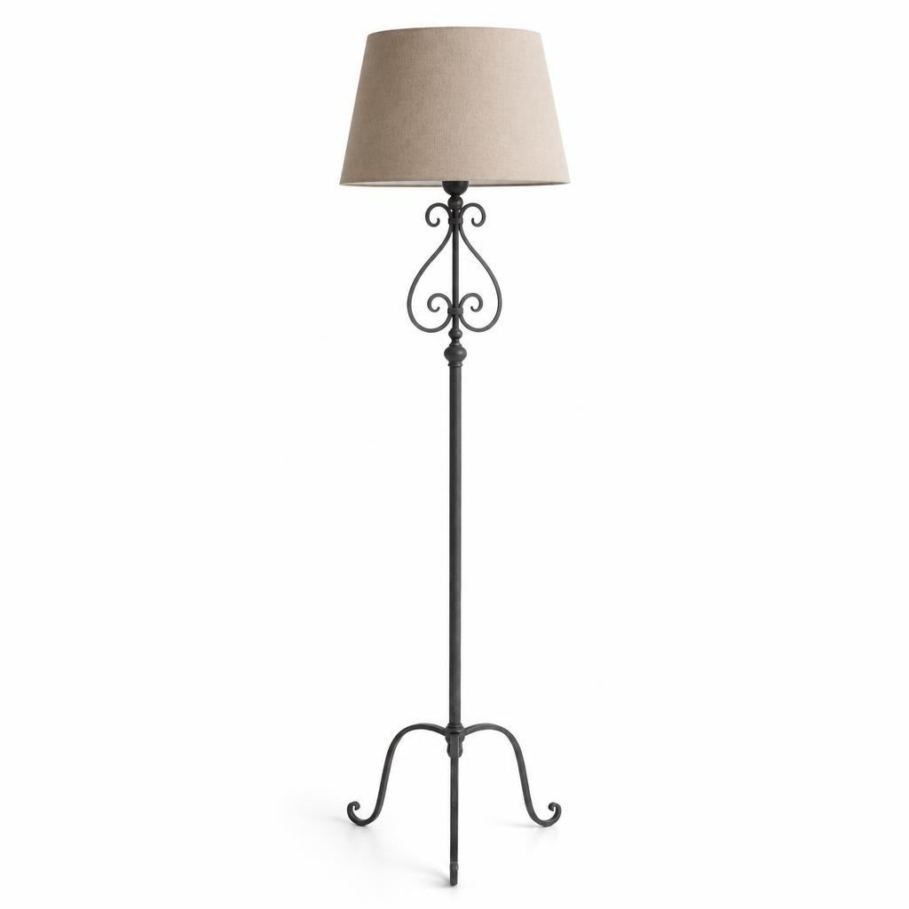 Lampadaire en Fer Forgé Patiné Style Provençal avec Abat-jour Lin